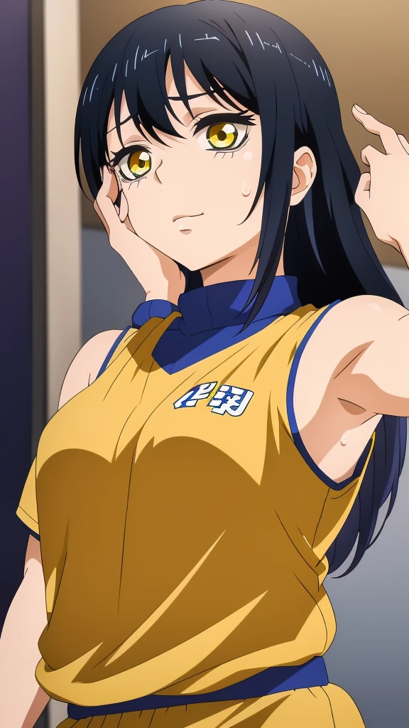 a close up of a person wearing a basketball uniform, a picture, inspired by Kentaro Miura, trending on pixiv, Yotsuya Miko, Mieruko chan,red eyes,long hair, wearing yellow nba jersey, yellow croptop nba jersey, wearing a low cut croptop, wearing croptop, croptop, written "Lakers" on the croptop, golden raito, (winking), shirobako, large)}], favorite scene, fine details. anime. skins, sweating, big breasts, both hands raised, armpits, armpits visible, dripping with sweat, more more sweat, sweaty armpits, smile