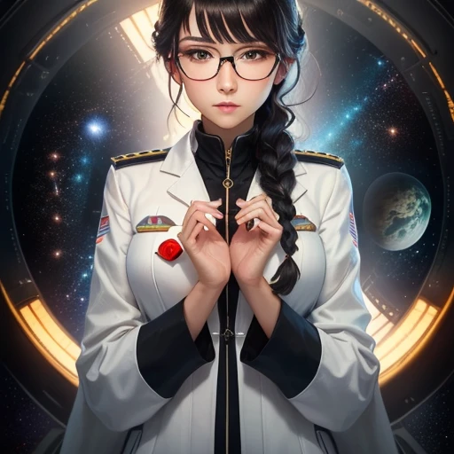 Logo,high definition,woman,small size,black hair,double braid hairstyle,bang bang,green eyes,red glasses,in formal dress,uniform,white coat,dark expression,warship,ship aircraft carrier, futuristic, science fiction, warplane, space, war