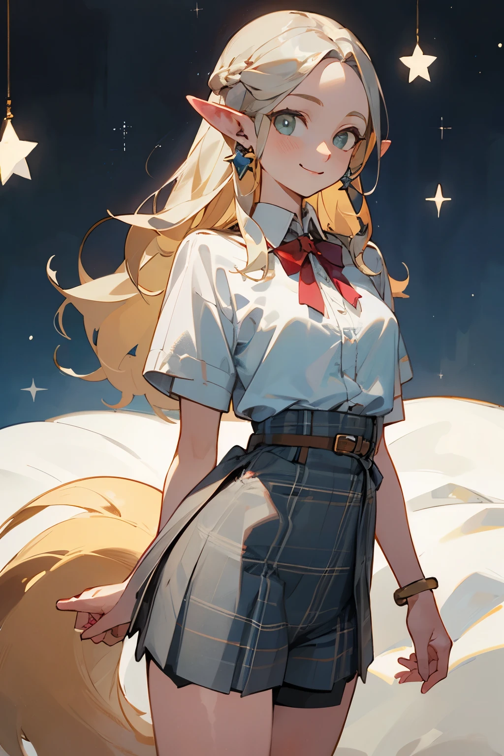 (masterpiece, best quality) detailed,silver accessories , Blonde ,elegant, Pointed ears ，White shirt，shorts，Double tail，Waist-length hair，Smile，Plaid skirt，Star decoration