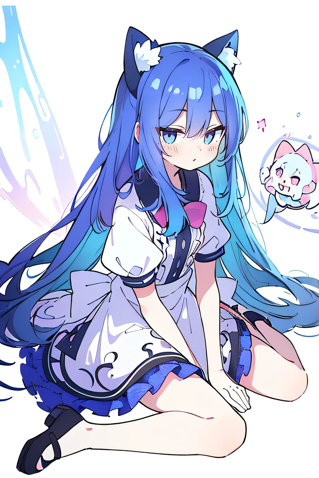 (best quality,4k,8k,highres,masterpiece:1.2),ultra-detailed,realistic,expressive eyes,fair-skinned,perfectly shaped face,1girl,
Japanese cartoons,Gorgeous blue hair, flowing blue hair,floating clothes,cat ears,petals falling,beautiful Lola,Hina Angel,
hands on waist,gracefully sitting on the ground,legs crossed,gentle and serene background,cool and comfortable pavilion,night ,smile. 1 girl with pale pink hair, long wavy hair, light blue eyes, black and white dress, galaxy, nebula, meticulous eyes, perfect full body shot, academy-style magic, upper-body image, confidence, bright stars.