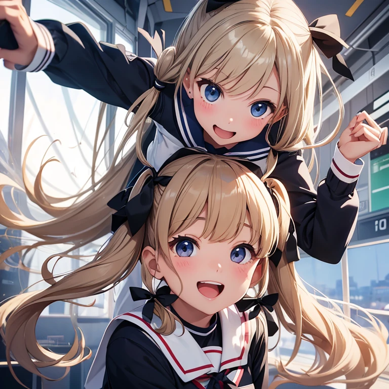 Laugh as you fly through the air、A junior high school student wearing a white long-sleeved sailor uniform、Dark blonde hair in twin tails、Black Ribbon、big single eye、And soul、