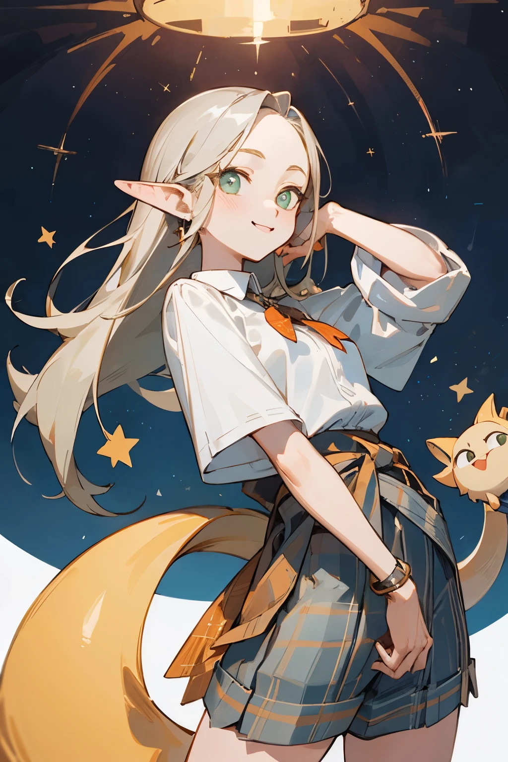 (masterpiece, best quality) detailed,silver accessories , Blonde ,elegant, Pointed ears ，White shirt，shorts，Double tail，Waist-length hair，Smile，Plaid skirt，Star decoration