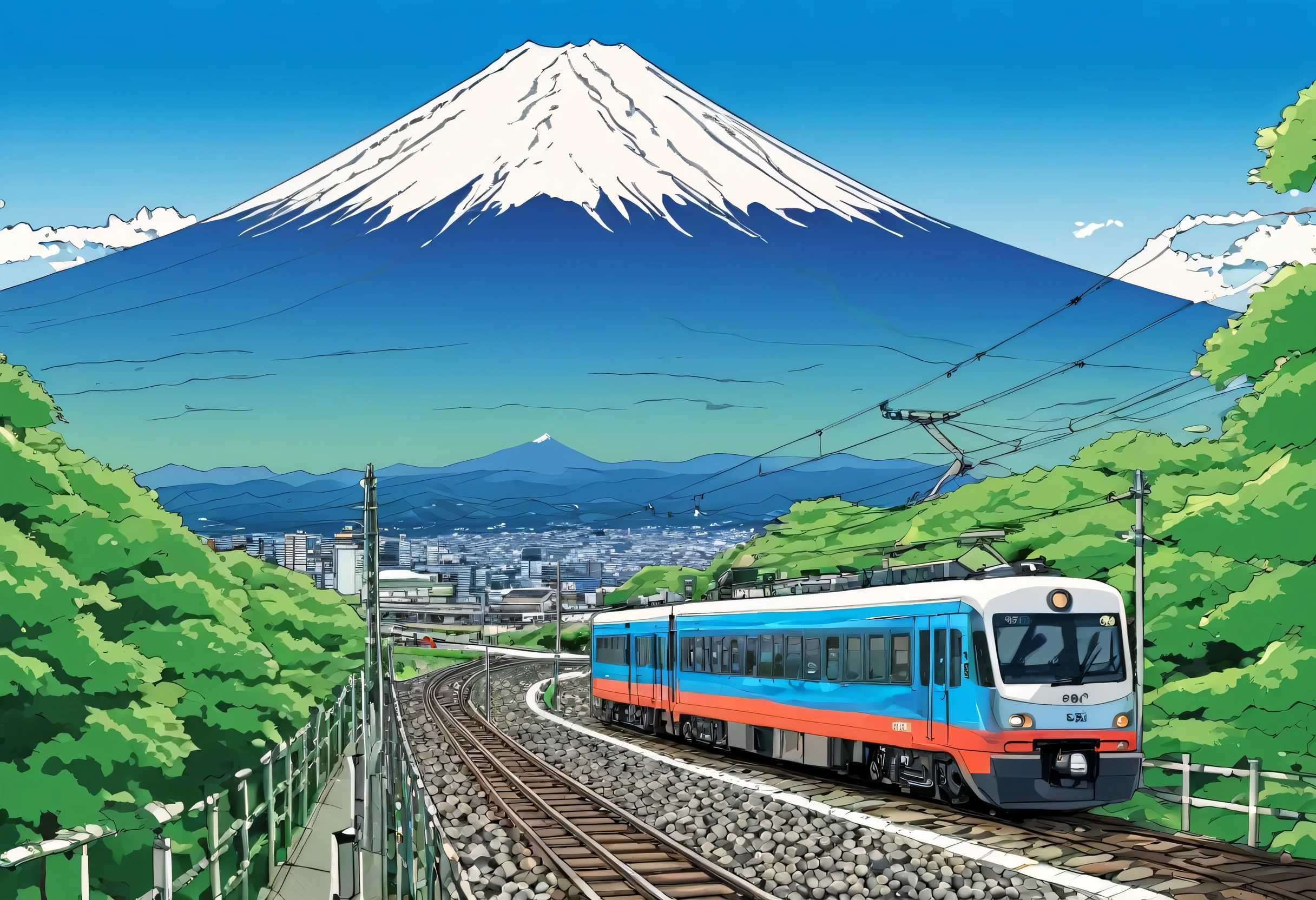 Cartoon train with mountain background, mount Fuji Mountain on the background, mount Fuji Mountain background, mountain Fuji Mountain on the background, Detailed Landscape — Width 672, Japanese manga style, Beasts, mount Fuji Mountain in the background, by Ayako Rokkaku, Meters. Fuji Mountain, Japan Countryside Travel, In a beautiful background, Station Background