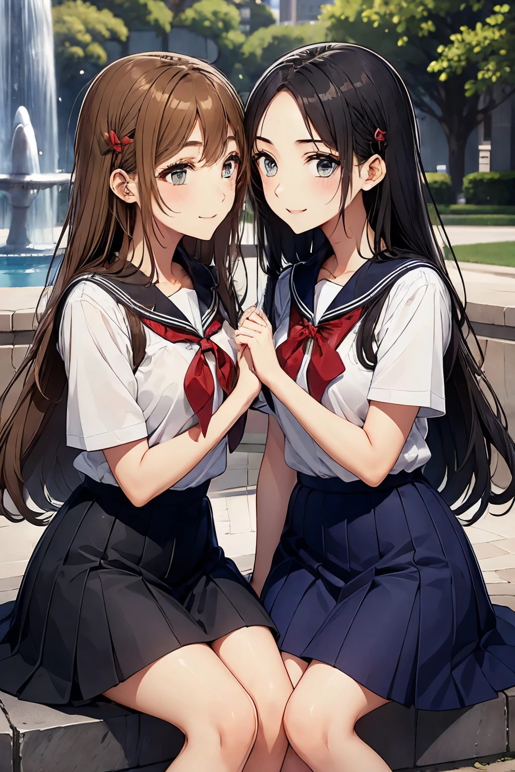 Two high school girls sitting and kissing in front of a fountain in a park、seductive smile、