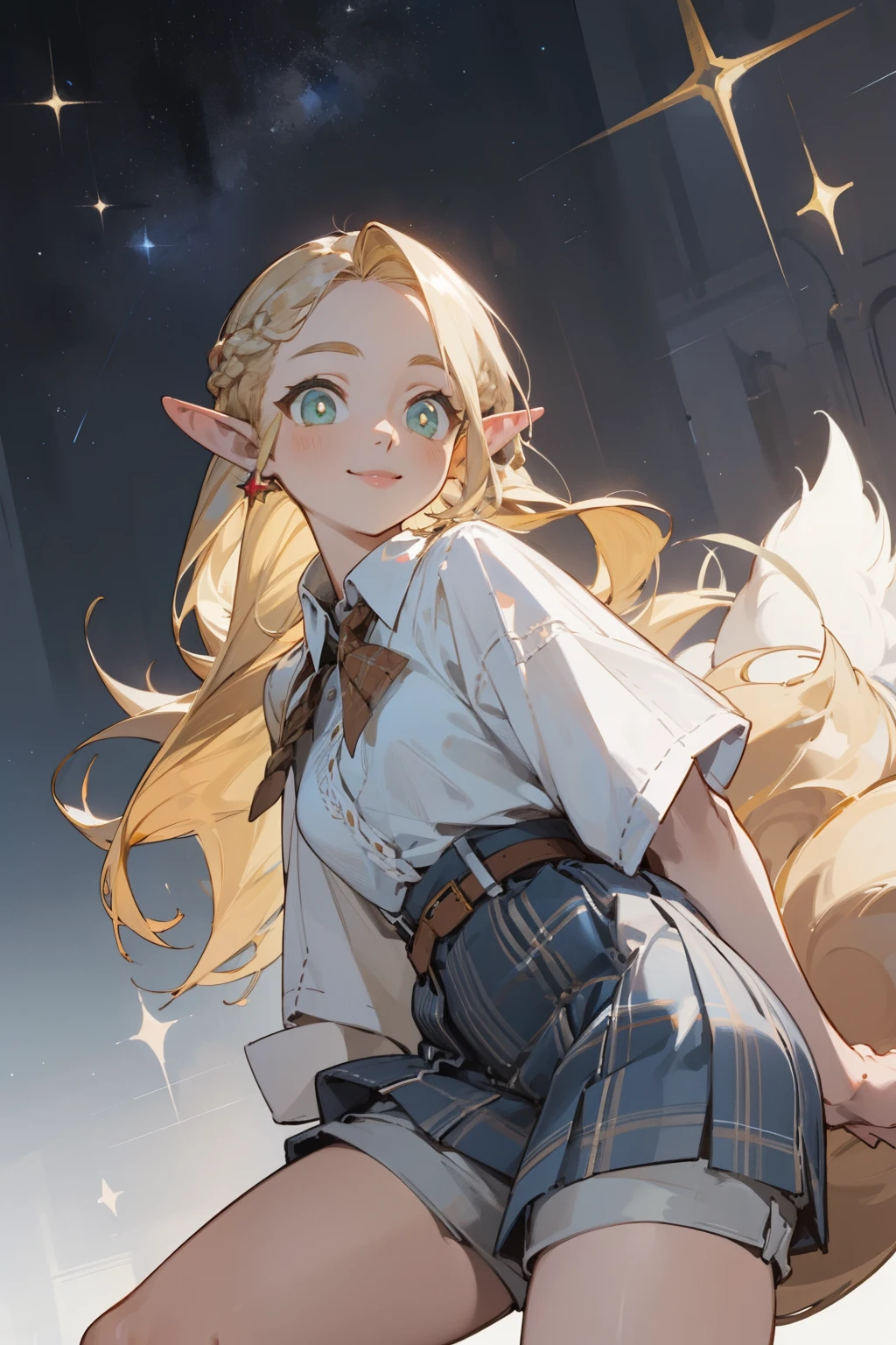 (masterpiece, best quality) detailed,silver accessories , Blonde ,elegant, Pointed ears ,White shirt,shorts,Double tail,Waist-length hair,Smile,Plaid skirt,Star decoration