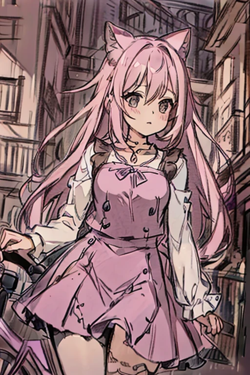 A pink haired woman with violet eyes with an hourglass figure in a gothic rockabilly dress is riding a bike through the streets.