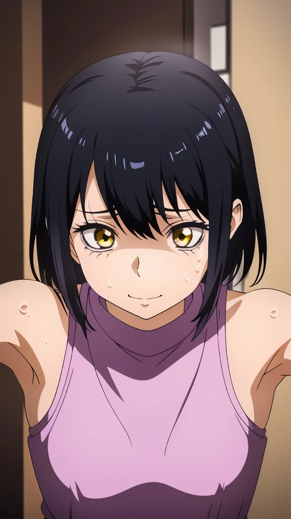a picture, inspired by Kentaro Miura, trending on pixiv, Yotsuya Miko, Mieruko chan, favorite scene, fine details, skins, sweating, small breasts, both hands raised, armpits, armpits visible, dripping with sweat, more more sweat, sweaty armpits, smile