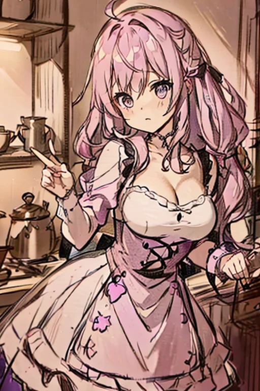 A pink haired woman with violet eyes with an hourglass figure in a gothic rockabilly dress is baking in the kitchen