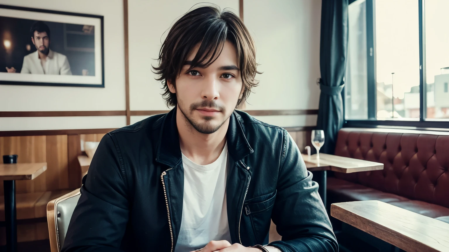 musician、A refreshing, handsome man in his 40s、（Super cool S-class boys）、Japanese male, 40 years old、、Photographed inside the cafe、a handsome guy、（CG Unity 8K high resolution photo）、（Very detailedＳクラスのa handsome guy性）、（Photorealistic）、（highest quality））、Very detailed、super high quality、expensive、Audience、kind person、Very beautiful hair　Perm Hair、Bright photo、Handsome like a model、Handsome like an idol、looking at the camera、Inside a stylish cafe、Stubble
