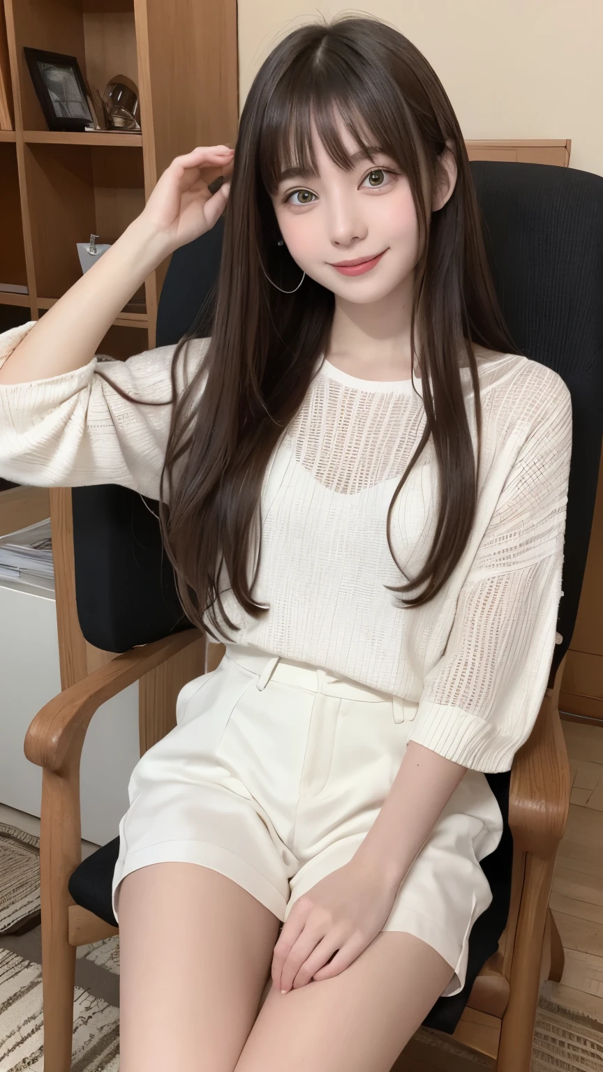 Girl in a dream.I have long colorful hair.Wearing white clothes.It's a rock band.Notes flying around.It is an illustration of the highest quality.It is a beautiful illustration.Very colorful.big eyes,Viewer's perspective,she is on the chair , smile