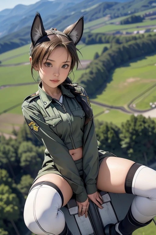 {(masterpiece,best quality, 8K UHD, extremely detailed CG, detailed beautiful face and eyes and skin and hair), (ultra detailed face)}, {(ultra realistic photo graphic style:1.4)}, {(1girl free_fall from 10000m above the ground:1.2), (out of focus background:1.4)}, {1girl, 18yo, (beasts_ears),medium hair, Ponytail hair with braids, forehead}, {(strike witches:1.4),(military shoes:1.2), (thigh-high socks),(navel:1.2)}, {(cheerful:1.3), (candid shot)}, {(bring knees forward:1.1), (inner thighs showing pose:1.2)}