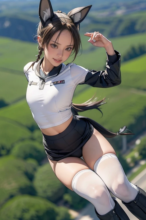 {(masterpiece,best quality, 8K UHD, extremely detailed CG, detailed beautiful face and eyes and skin and hair), (ultra detailed face)}, {(ultra realistic photo graphic style:1.4)}, {(1girl free_fall from 10000m above the ground:1.2), (out of focus background:1.4)}, {1girl, 18yo, (beasts_ears),medium hair, Ponytail hair with braids, forehead}, {(strike witches:1.4),(military shoes:1.2), (thigh-high socks),(navel:1.2)}, {(cheerful:1.3), (candid shot)}, {(bring knees forward:1.1), (inner thighs showing pose:1.2)}