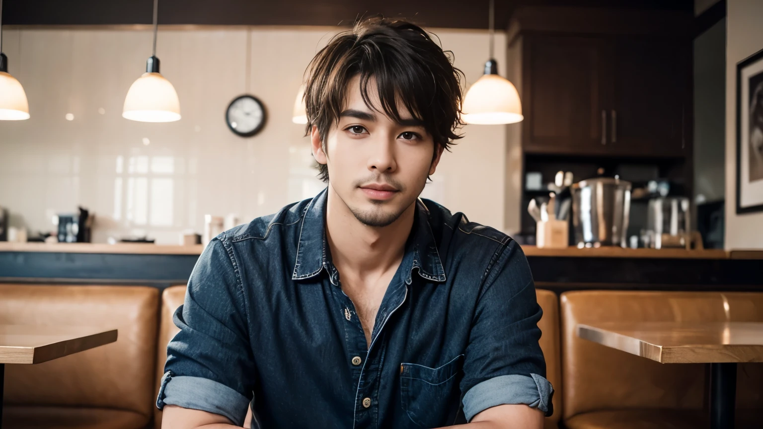musician、A refreshing, handsome man in his 40s、（Super cool S-class boys）、Japanese male, 40 years old、、Photographed inside the cafe、a handsome guy、（CG Unity 8K high resolution photo）、（Very detailedＳクラスのa handsome guy性）、（Photorealistic）、（highest quality））、Very detailed、super high quality、expensive、Audience、kind person、Very beautiful hair　Perm Hair、Bright photo、Handsome like a model、Handsome like an idol、looking at the camera、Inside a stylish cafe、Stubble