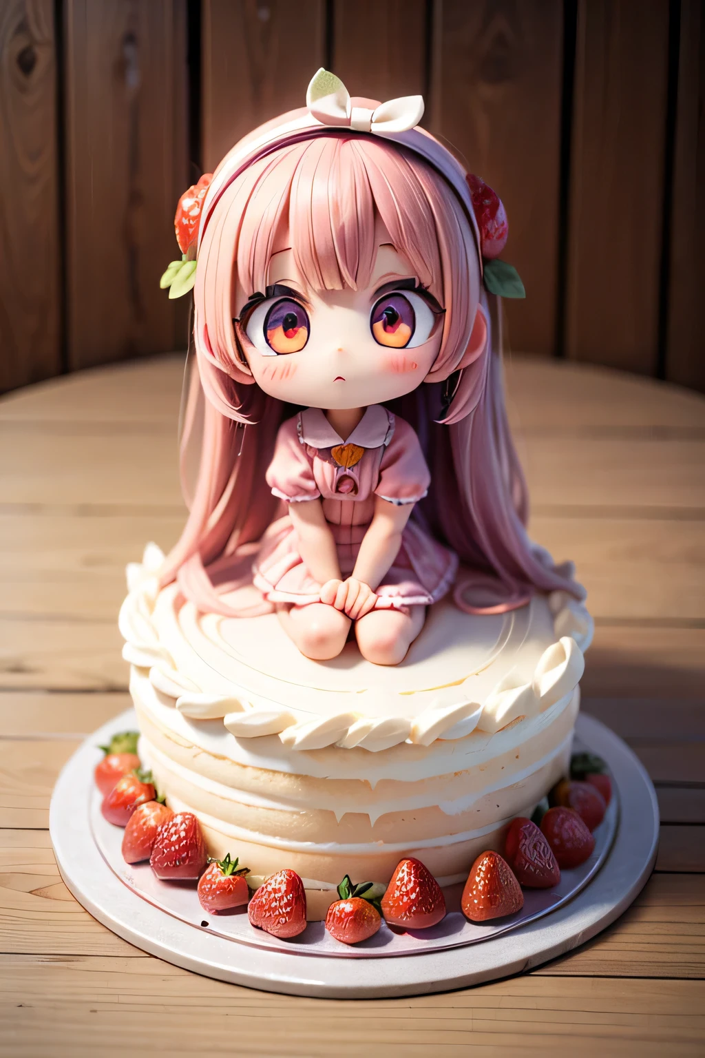 Photorealistic、Anime characters(Chibi Girl、The lines are thick、Deformed)There is a whole cake with a picture on it.、strawberry、Whipped cream