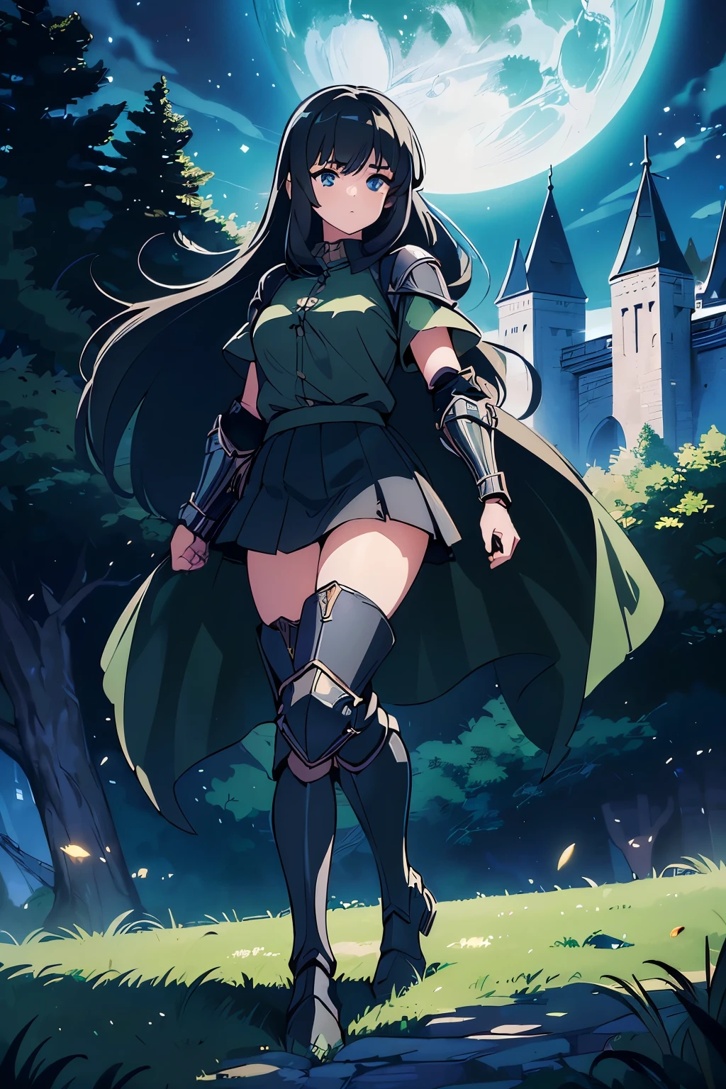 (((masterpiece))), (((best quality))), ((ultra-detailed)), (cinematic lighting), (illustration), (beautiful detailed eyes), (1girl), full body, space, knight, armour, light hair, walking, castle in background, best quality, expressive eyes, perfect face, Girl: (20s, black hair, long hair, dark green baggy shirt, armour, skirt, knee boots),