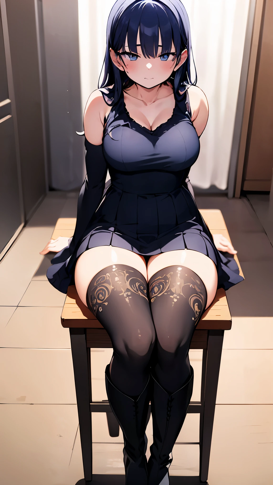 AnnaYamada, blue hair, brown eyes
BREAK (thighhighs, dress, boots, detached sleeves, zettai ryouiki, white footwear, blue thighhighs:1.2),
BREAK Seated, Expressionless, Hu Sitting, Gravure Idol, Pimp Pans,
BREAK (masterpiece:1.2), best quality, high resolution,unity 8k wallpaper, (illustration:0.8), (beautiful detailed eyes:1.6), extremely detailed face, perfect lighting, extremely detailed CG, (perfect hands, perfect anatomy),