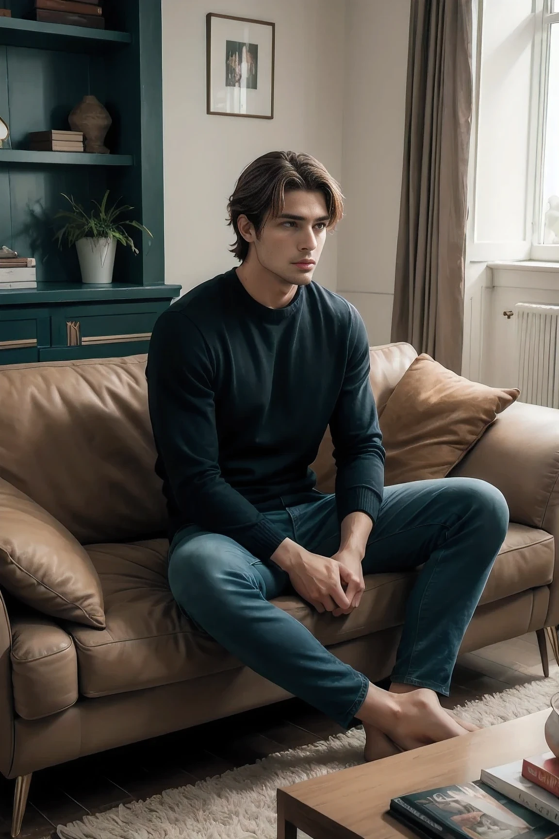 Realistic Photography , Solo Handsome Men, sitting on a Sofa in colorful Living room