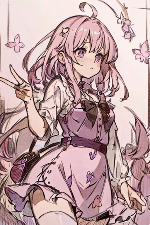 A pink haired woman with violet eyes with an hourglass figure in a gothic rockabilly dress is blushing in a flurry of peony petals
