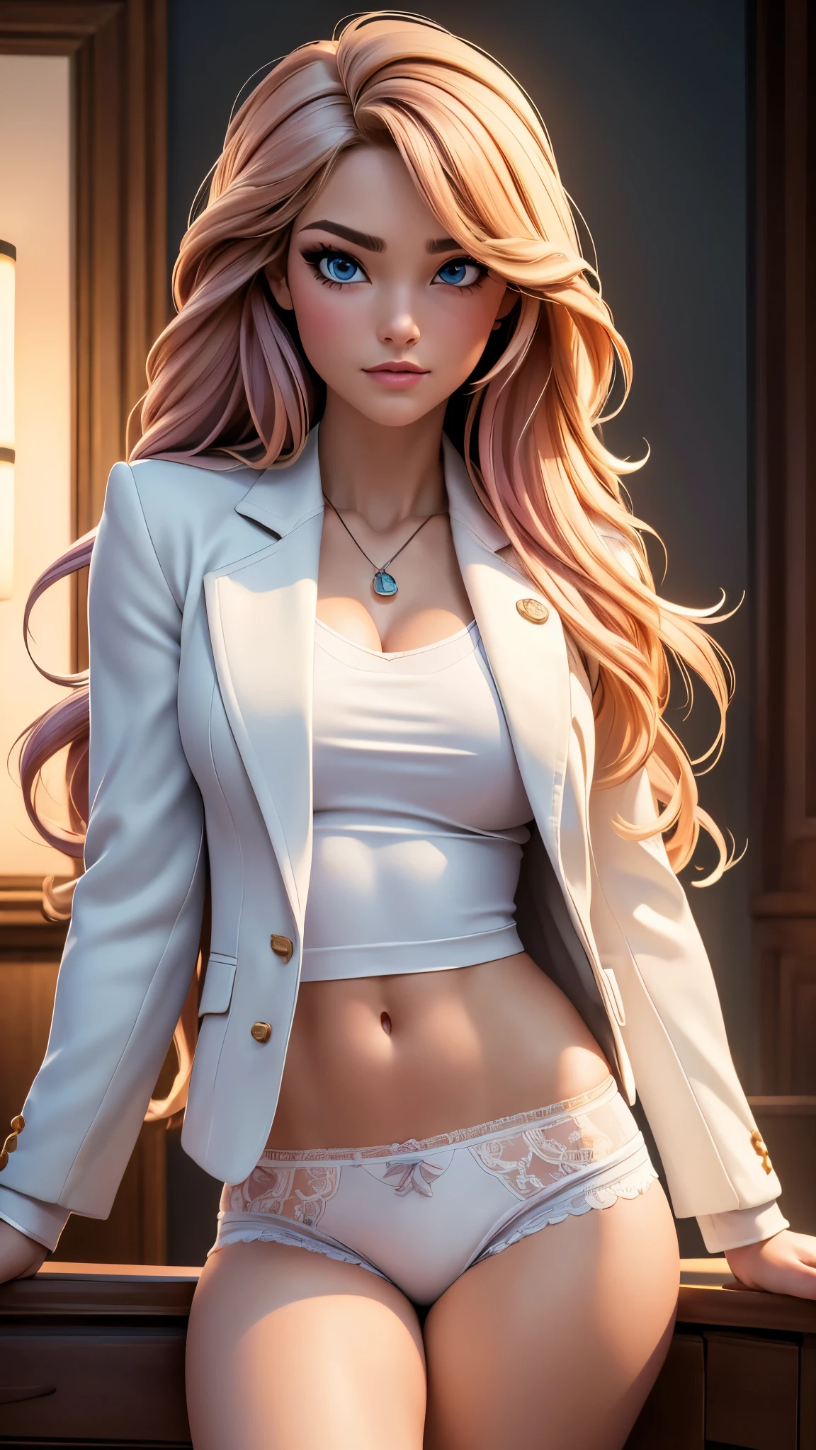 (best quality,4k,8k,highres,masterpiece:1.2),ultra-detailed,(realistic,photorealistic,photo-realistic:1.37),portraits,white panties,blazer jacket,long hair,adorable,full focus charm,studio lighting,vivid colors,soft and warm lighting,delicate details,candid moment,comfortable seating,sassy pose,front view ((blood stand panties,))