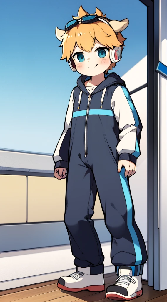 2D Boy Shota Boy，One-piece ski suit，Put the headphones on your head，Standing，Goggles，Horns，Cow ears，sports shoes，White stockings，happy，Sailor collar