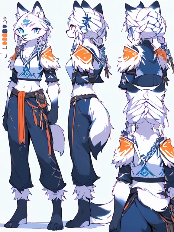 ( Absurdly , High quality , ultra detailed ) ,( hand detailed ) , 1girl, solo, mature, (concept art, character sheet), absurdres(highly detailed beautiful face and eyes)perfect anatomy Solo, sfw, Young Female white fox-cat (((lean-body))) (((medium breasts))) (short snout),(((fur (black stripe) between neck and shoulder towards chest))) ((fur (black stripes) on waist))(ears are darker), (heterochromia (orange, violet)), (cat tail (black at end)), (white hair (single-braided)), (fantasy adventure type clothing ((violet shirt (crop top))), (navy-blue belt) khaki pants)), happy ((looking at viewer)) ((Female wolf)) (detailed eyes) (clevedge, (collarbone, shoulders), (solo, (1girl)) ((((fluffy white fur)))) ((extremely detailed fur)) (violet crop top) ((hair in face)) (big braid), sfw, (thin long tail) (heterochromia) (extremely detailed eyes) joyful (((concept art, character sheet, (multiple views)))) ((adventure fantasy, snow tribal clothing)) (snow tribe clothing)