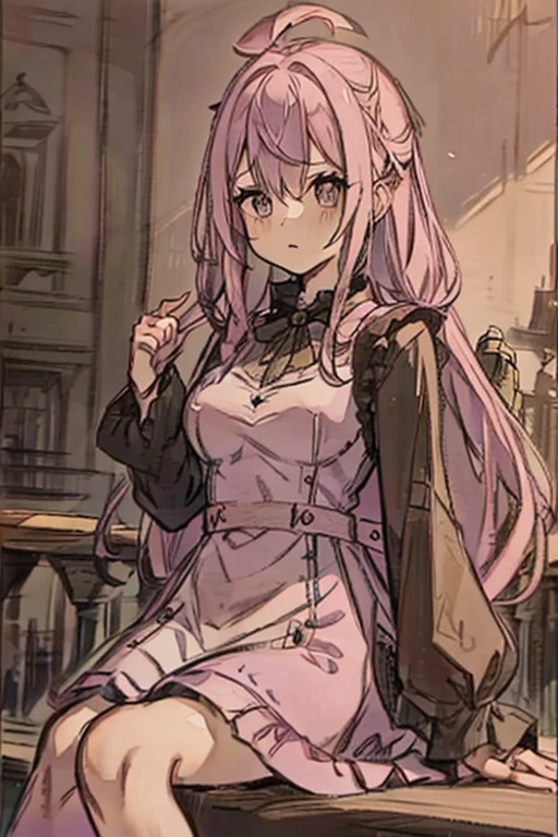 A pink haired woman with violet eyes with an hourglass figure in a gothic rockabilly dress is reading at the park