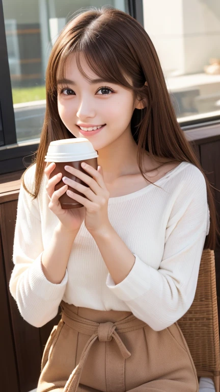 Brown Hair,Medium Hair,20-year-old female,  With the correct face, Cute natural smile, Japanese facial features, A clean and cute face, Realistic portraits, 8K Photo, Soft Makeup,Natural skin texture,Raw photo,highest quality,Full Body Shot,Drinking coffee
