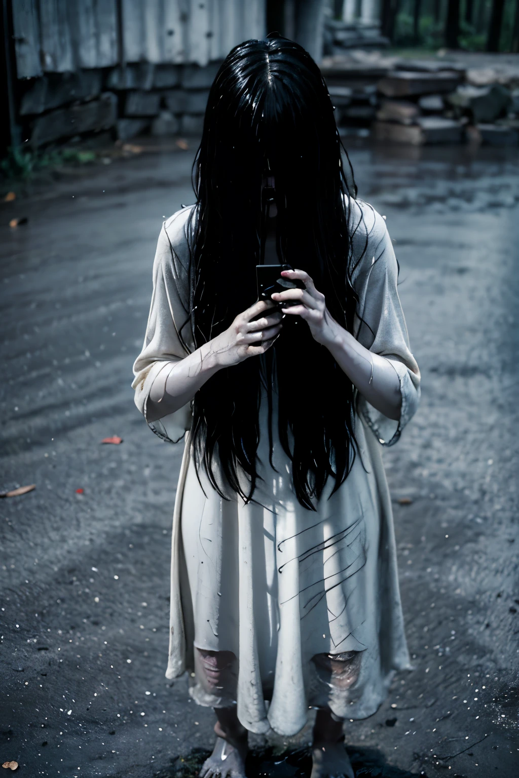 horror movie shot of repugnante girl, samara the ring, with black hair covering the face, wet, barefoot, wet white dress, samara morgan, sadako,front, holding a black VHS, angry.