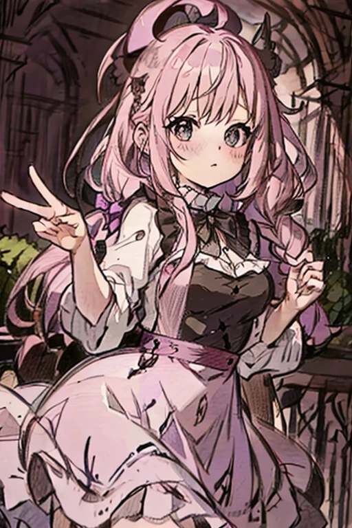 A pink haired woman with violet eyes with an hourglass figure in a gothic rockabilly dress is blushing in a garden