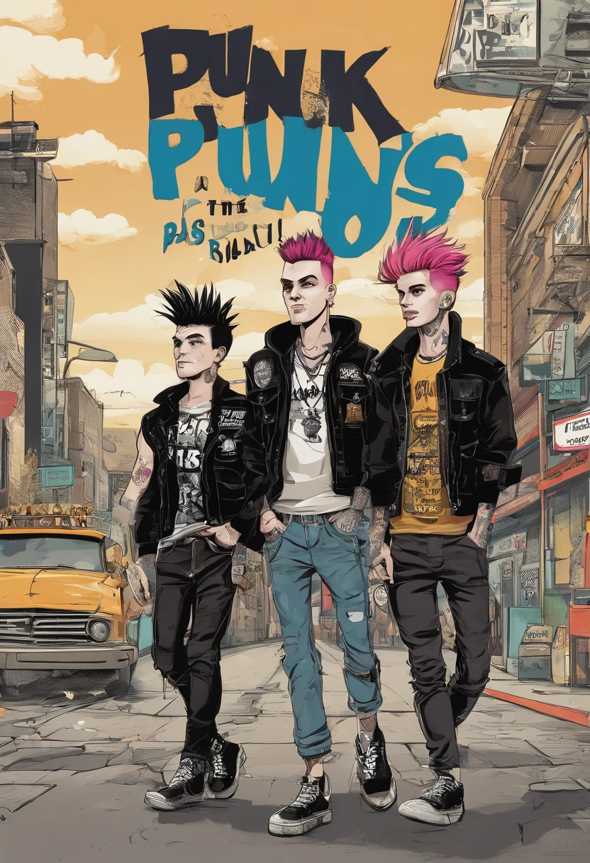 ((3 punk boys hang out at the streets)) the caption on the top is "Bad Boys Assembled" , this is an album poster. ((Cartoon))