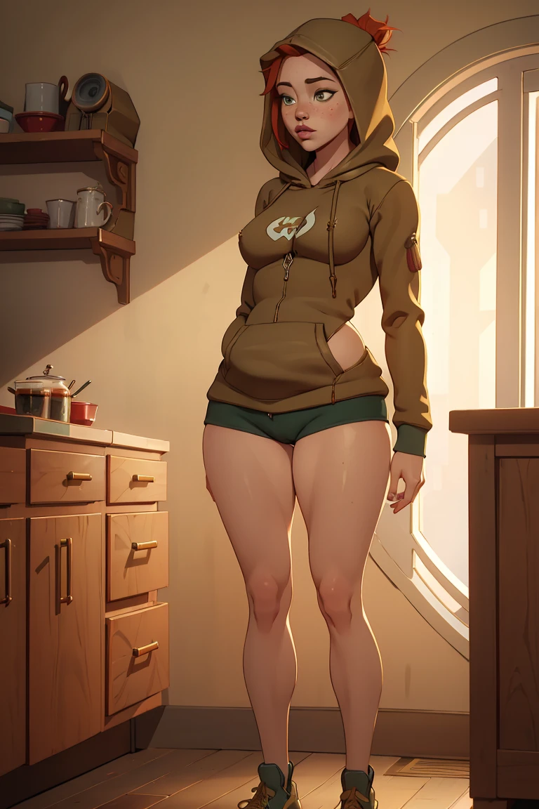 jennifer lawrence, 1girl, red haired chubby pale girl, green eyes, freckles, half asymetric red hair, cute, small height, stain lipstick, long eyelashes, primer, cream eyeline, ((small )), cute, beautiful, realistic style, highly detailed, 4k, embarrassed expression, (((full-body))), ((golden ratio, center frame)), (((RISA))), face in center of picture ((Chubby)), ((body of sydney sweeney)), wide , inflated legs, thick thighs, ((detailed face))))), 4k, look at camera, highly detailed face,(((full-body))), ((((wearing long hoodie,  legs))))), standing in brightly lit kitchen, holding coffee cup, breakfast in background, relaxed