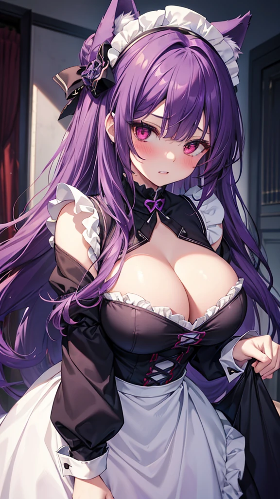 Wolf Woman, Big Breasts, Voluminous purple hair, One girl, masterpiece , Red eyes、Double teeth、tooth、Blushed cheeks、 hd, Head to Chest, buried in my chest、Underbust、Cleavage、Maid clotheaid Brim、Big Tits、Crossed bangs