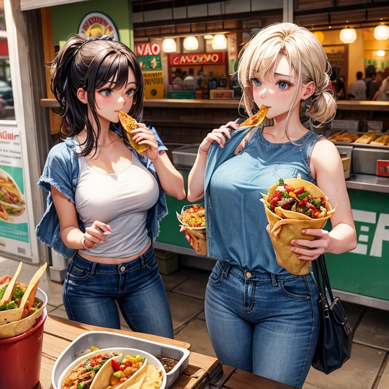 Woman in tank top and denim jeans under poncho eating tacos at a Mexican food stall Tight clothing highest quality