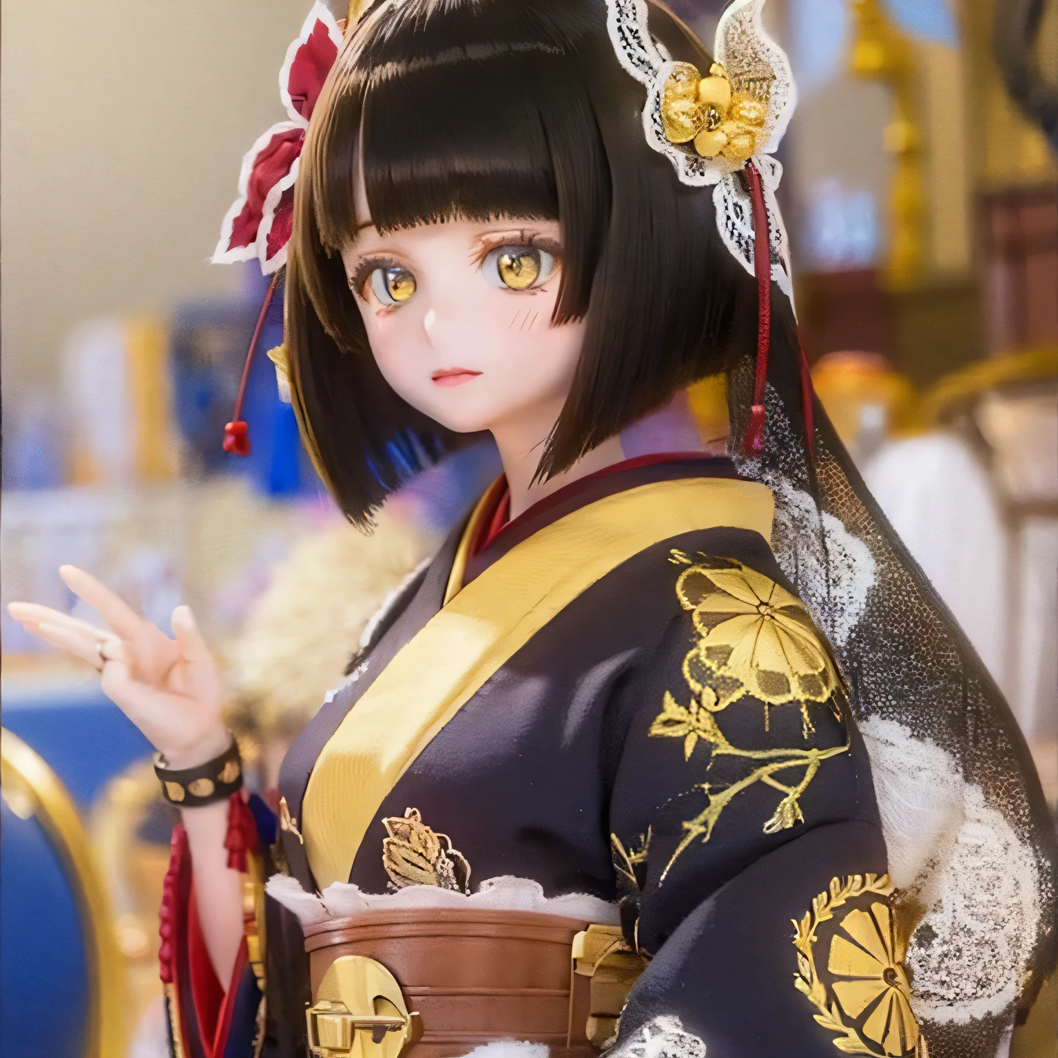 (highest quality,High resolution,masterpiece:1.2),Very detailed,Realistic,(Mio in a kimono,Beautiful fine details,Beautiful lip detail,Very detailed目と顔,Long eyelashes),Traditional Japanese,geisha,hairpin,Delicate embroidery,Floral,Sleeves flow,harmonious colors,Soft lighting、Holding a folding fan