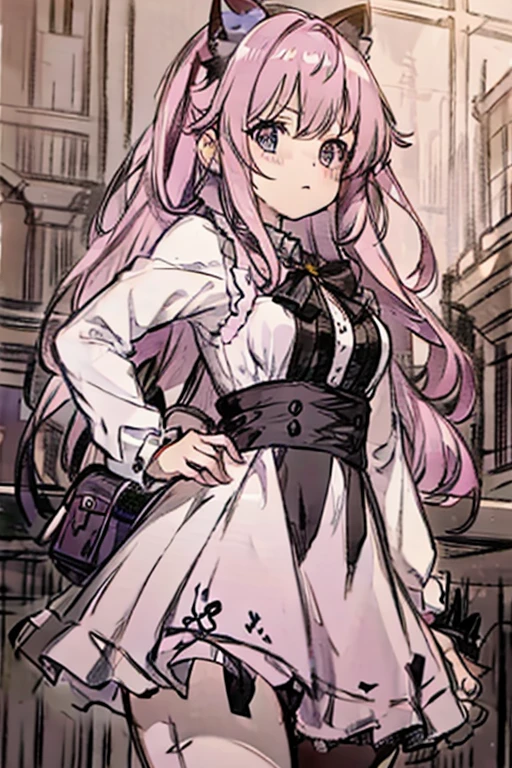A pink haired woman with violet eyes with an hourglass figure in a gothic rockabilly dress is holding a bouquet of peonies