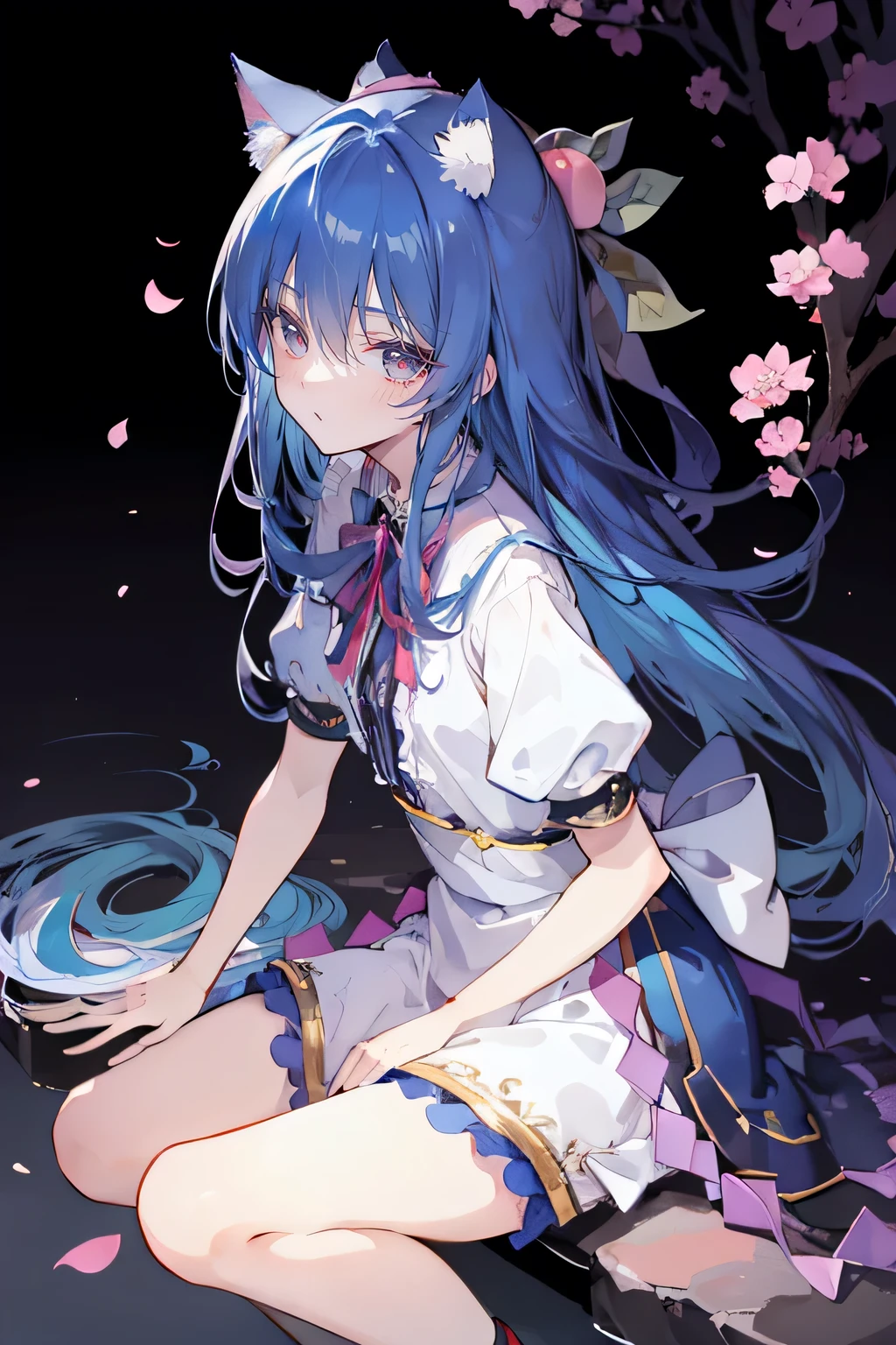 (masterpiece:1.2),ultra-detailed,realistic,expressive eyes,fair-skinned,perfectly shaped face,1girl,
Japanese cartoons,Gorgeous blue hair, flowing blue hair,floating clothes,cat ears,petals falling,beautiful Lola,Hina Angel,
hands on waist,gracefully sitting on the ground,legs crossed,gentle and serene background,cool and comfortable pavilion,night ,smile.
