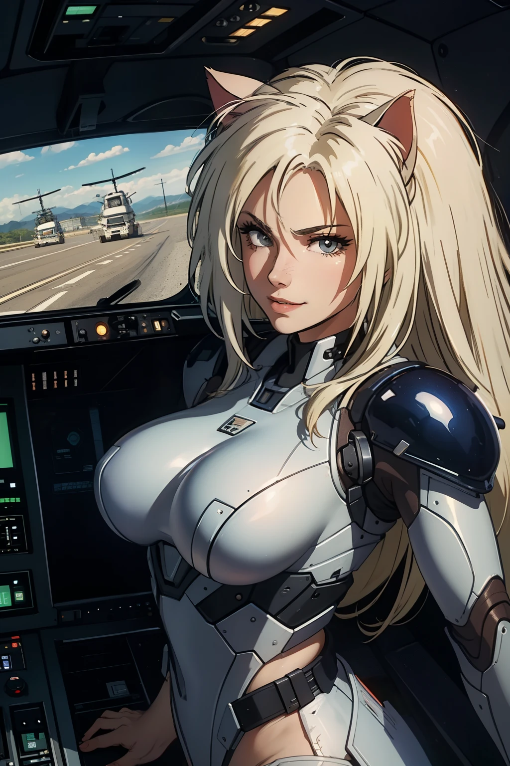 ((highest quality)), ((masterpiece)), (be familiar with), (High definition), 8K, Perfect Face、2Women、Two blonde women with cat ears、((Two people piloting a mobile suit in the cockpit))、Fearless smile、tall、2 Blonde cat ears、2. Long Hair、2. Volumetric hair style、Large Breasts、Narrow waist、Big Ass、glamorous、Alluring、protector、Armor、combat suit、Combat Boots、Armament、Cinematic、Best Shadow、Side lighting、NEO TOKYO、((pilot and gunnar))、(Close-up of face)