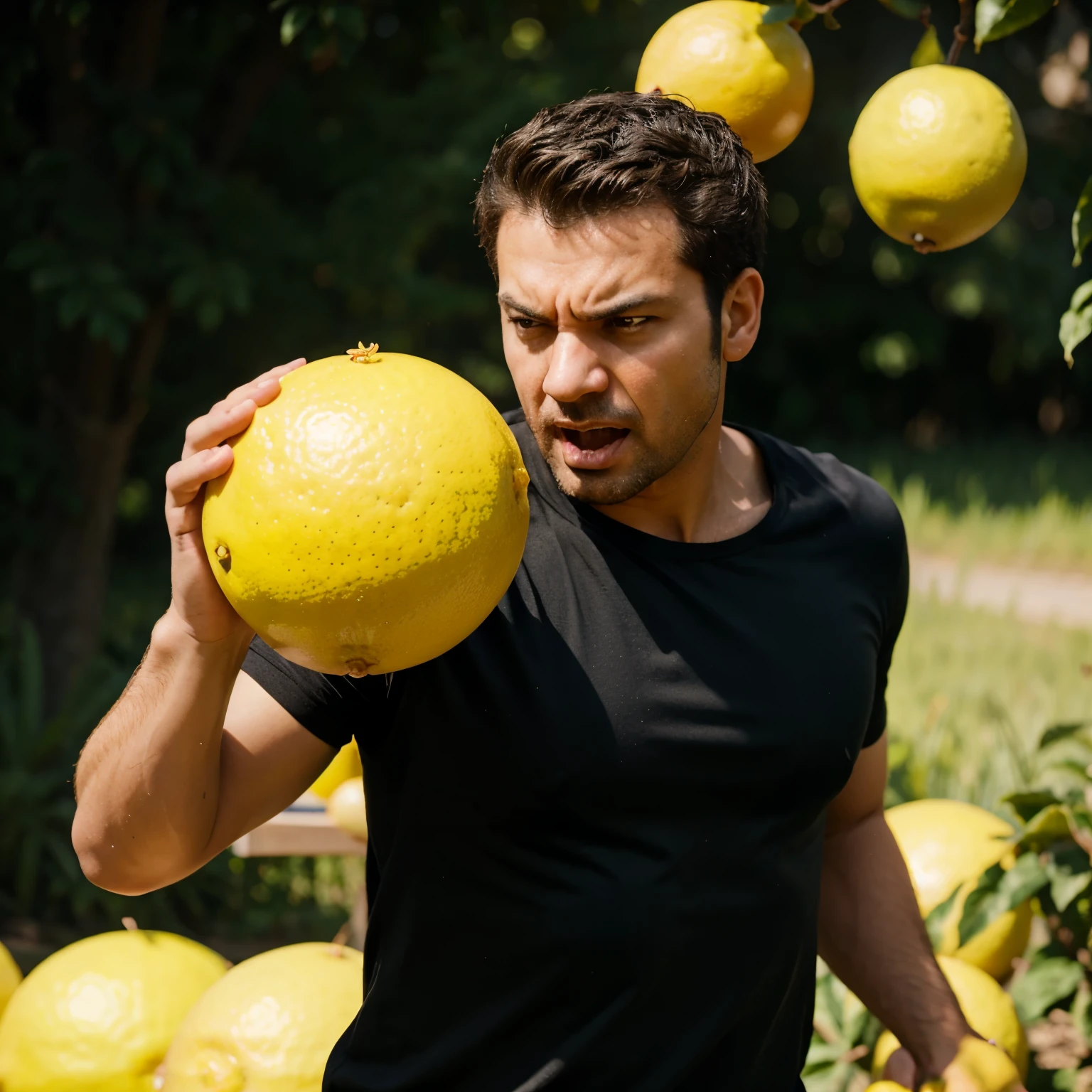 Angry man throwing a lemon