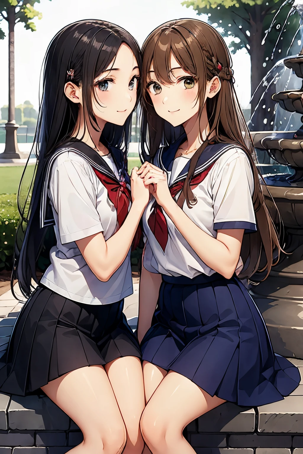 Two high school girls sitting and kissing in front of a fountain in a park、seductive smile、