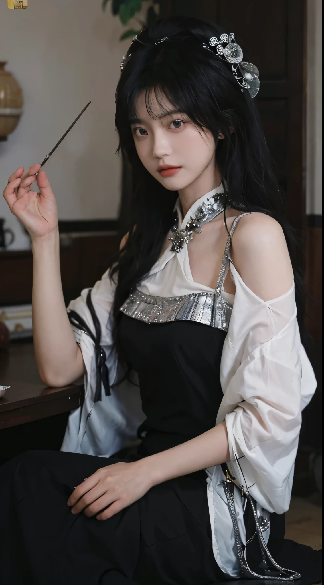 Best quality,masterpiece,Ultra-high resolution,(Realistically:1.4),A woman in a black dress、Close-up of lady with long black hair, cai xukun, Beautiful Chinese model, Gorgeous young Korean woman, Beautiful Korean woman, yanjun cheng, xintong chen, Ruan Jiamei!, Young and beautiful Korean woman,
