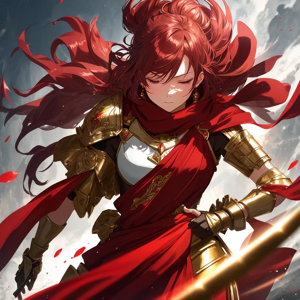 An exquisitely crafted anime girl, clad in armor, stand guard with a red scarf draped around her shoulders. Her brilliant, three-dimensional facial features showcased perfect lines and expressions as she kept her guard up. Her warrior outfit shimmered under the professional lighting, reflecting intricate metallic detailing. Her strong arms cradled a healing elixir, the red liquid reflecting beautifully in the light. Her watchful gaze was sharp, her eyes half-closed in concentration. The top Photography Masters Award-Winning Works encapsulated her image in stunning detail, each particle of light surround her form, creating a high resolution, luxury goods masterpiece. The anise girl's