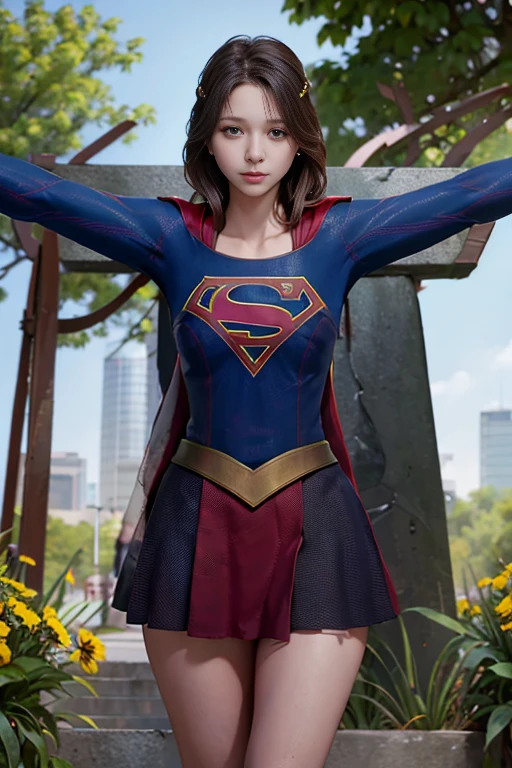 highest quality，masterpiece，Ultra-high resolution, Very detailed, 8k，(Beautiful woman)，一人のBeautiful woman，((Crucifixion))，(cross)，(execution)，((incontinence))，Scared，???????，slave，((crossにCrucifixionにされた女性：1.5)),Crucifixion刑，(Supergirl)，(Torn costume)，Tattered clothes，(Bruises on face and body)