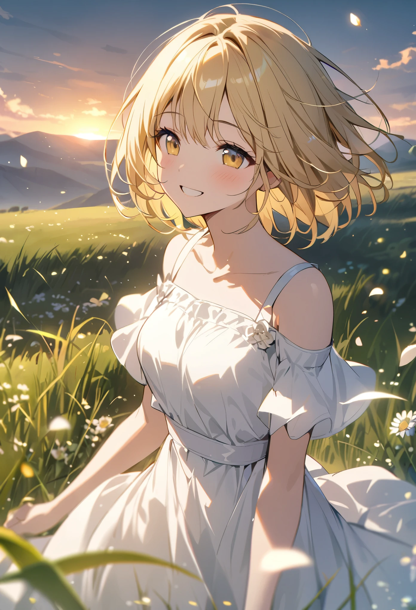 Yellow Hair、short hair、Grassland、evening、Big Sun、Beautiful views、White dress、smile、目を閉じて大きくsmile、ephemeral、Fluttering petals、1 girl、