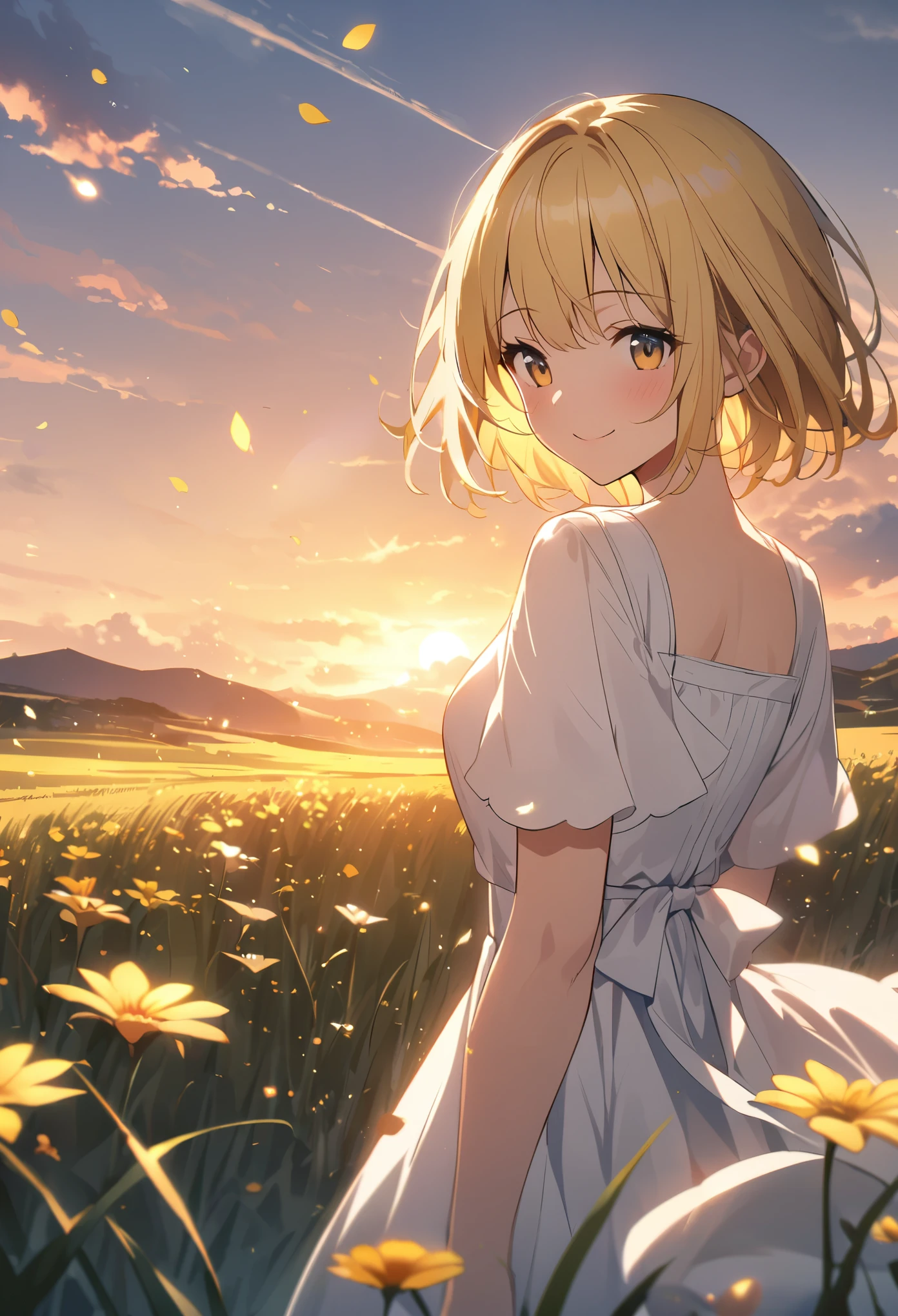 Yellow Hair、short hair、Grassland、evening、Big Sun、Beautiful views、White dress、smile、目を閉じて大きくsmile、ephemeral、Fluttering petals、1 girl、