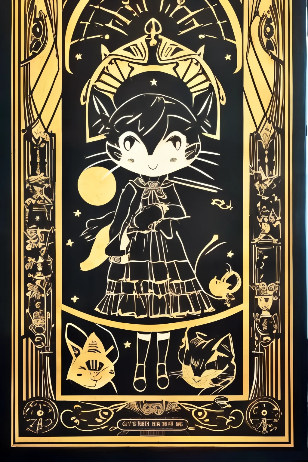 chibi, best quality, paper puppet theater, black paper shadow puppets, rabbit, cat, girl, background stained glass, steampunk, dieselpunk, clockpunk, Grimm, Andersen, Aesop