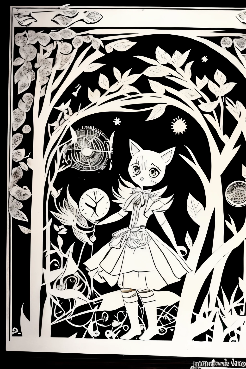 chibi, best quality, paper puppet theater, black paper shadow puppets, rabbit, cat, girl, background stained glass, steampunk, dieselpunk, clockpunk, Grimm, Andersen, Aesop