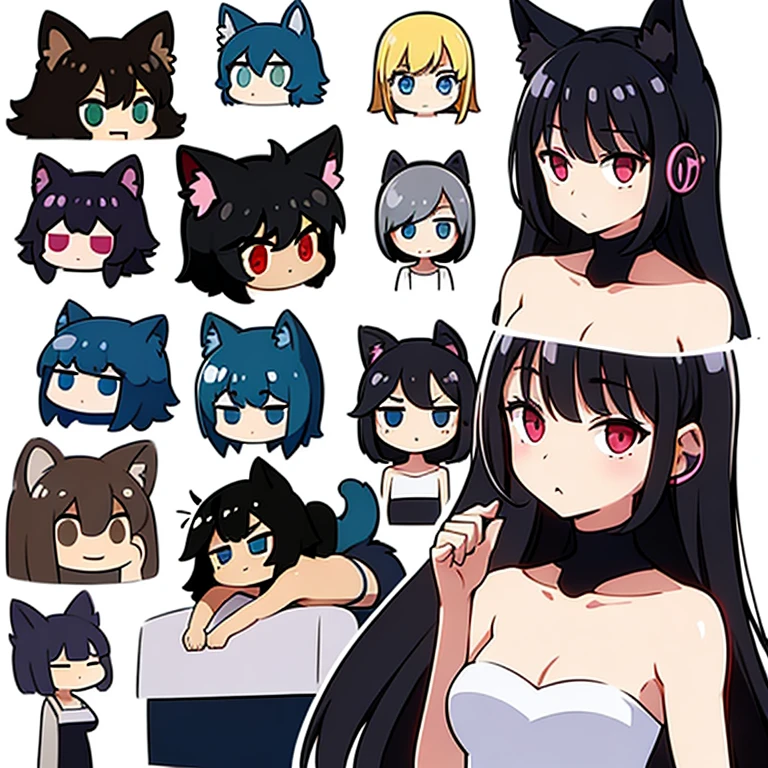 Girl with cat ears wearing headphones, various black and white clothing models,Image format 3x3,A set of enlightenmentns,The distance between each element is the same,There is no overlap,Old core memo,Two types of images,Namely the front view、side view、White background、Various types of images ,organic shapes and lines,enlightenment,Flat enlightenmentn style,Flat enlightenmentn style,Danish design"