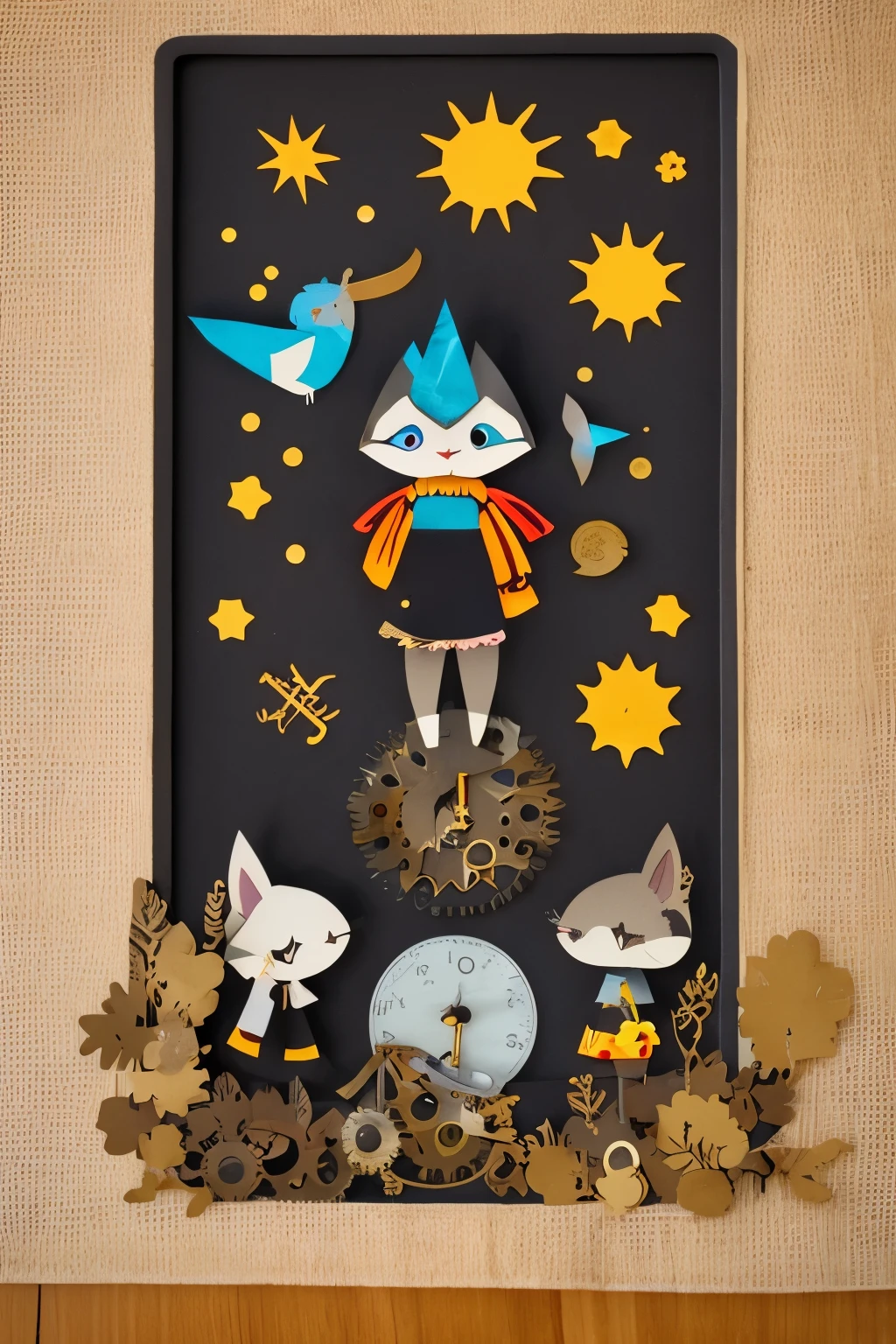 chibi, best quality, paper puppet theater, black paper shadow puppets, rabbit, cat, girl, background stained glass, steampunk, dieselpunk, clockpunk, Grimm, Andersen, Aesop