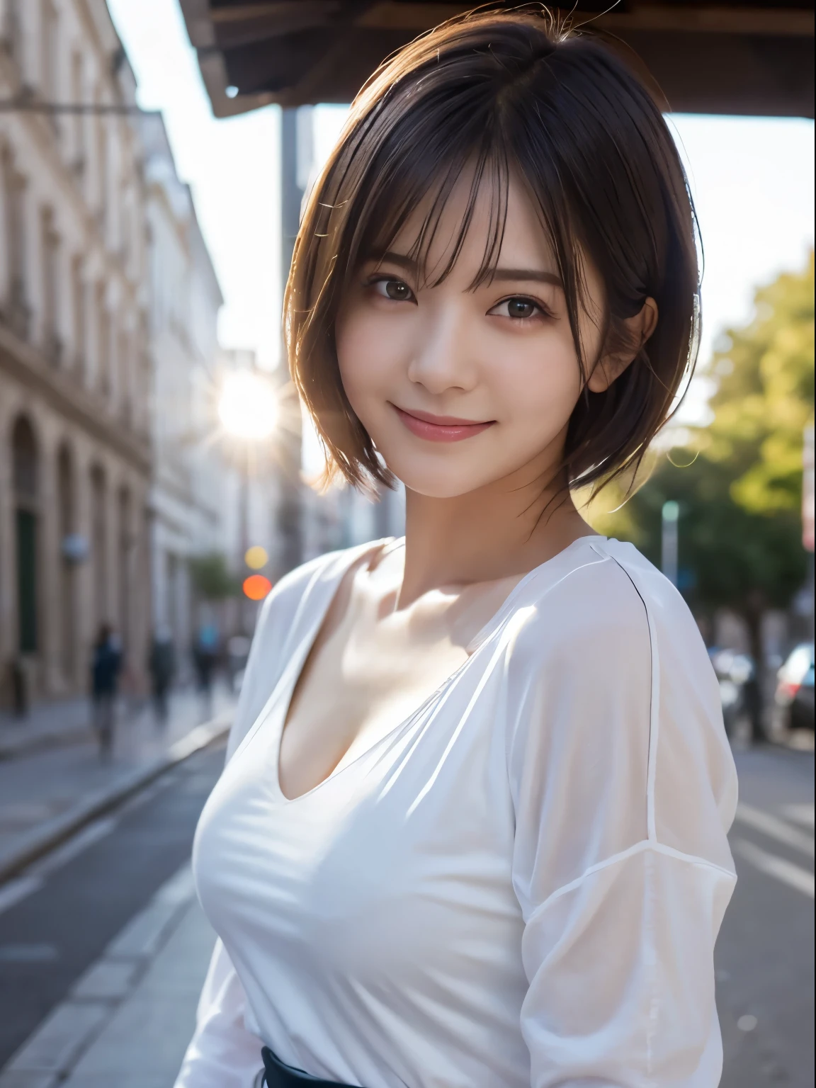 highest quality, Ultra-high resolution, (Realistic: 1.4), (highest quality, masterpiece:1.3, Ultra-high resolution), (Very detailed, Caustics, 8k), (Realistic:1.4, RAW shooting), (I'm looking at the camera with a smile on my face), Long sleeve blouse, big, Bust up shot, street, Face Focus, Natural light, Backlight, Lens flare, Professional Writing, beautiful Eyes, Super beautiful, Very short hair, beautiful, lover, Rough chest T-shirt, beautiful Soldier, Eyes that beckon the viewer, loverの視点, Attractive expression, Sexy smile, Perfect Style, Perfect balance, Detailed skin, Mischievous Gaze, I can see your chest