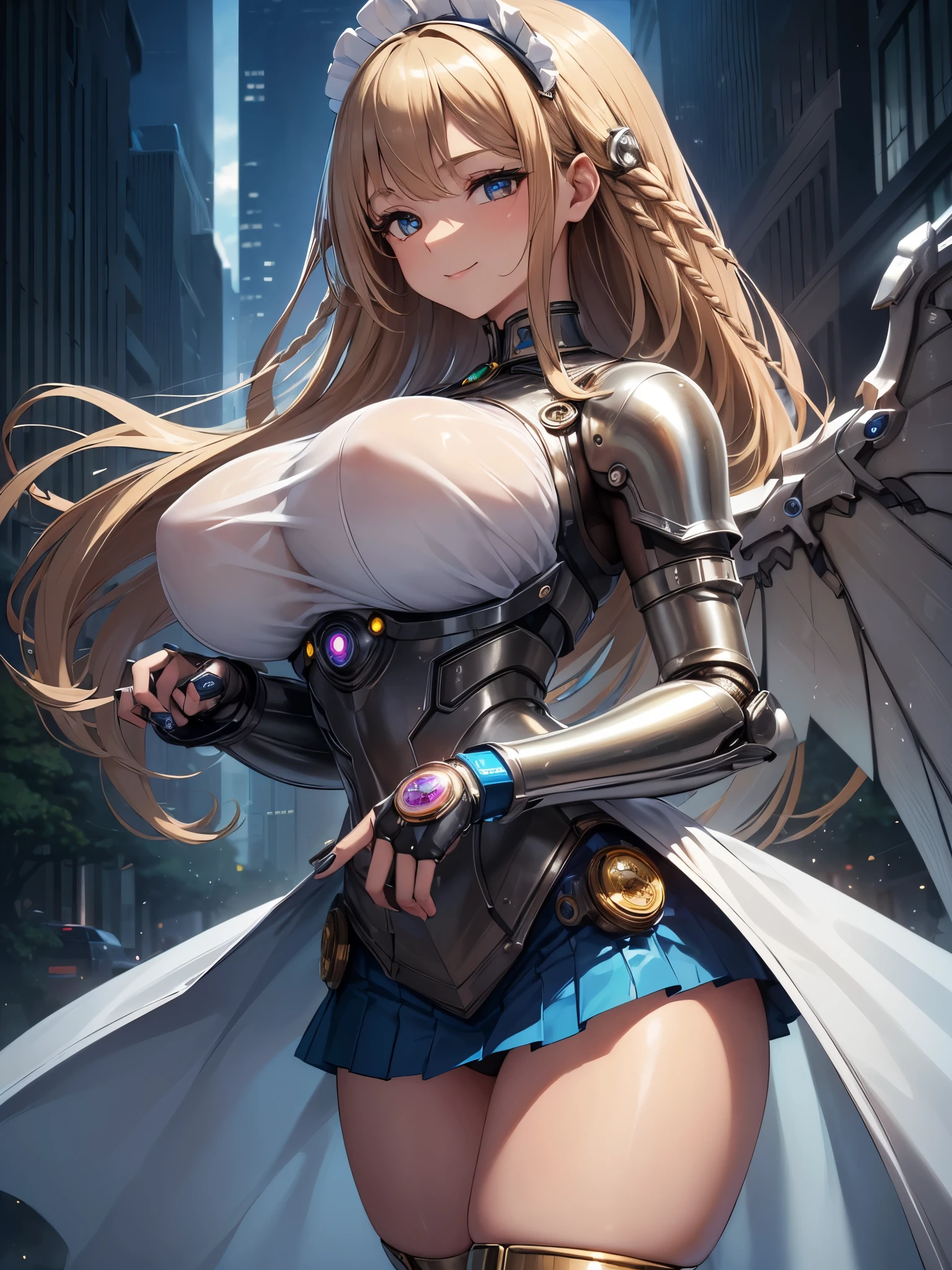 (((masterpiece))), (((best quality))), ((ultra-detailed)), (illustration), ((an extremely delicate and beautiful)), ((super detail)), ((high resolution)), (((20 years old))), metallic cloth, (maid), (android), ((mechanical wings)), delicate metal decorations, gleaming skin, shiny body, two legs, ????????????, (((tall))), slender legs, ((big round eyes)), cute eyes, drooping eyes, ((adult)), two hands, five fingers, no extra hands, elegant smile, braid, medium length hair, ((metallic blue)), (see-through), (dark blonde), (ultra-????????????), (((safe for watch))), (shining brightly), outdoor, mini skirt, city, daytime, ((biopunk)),